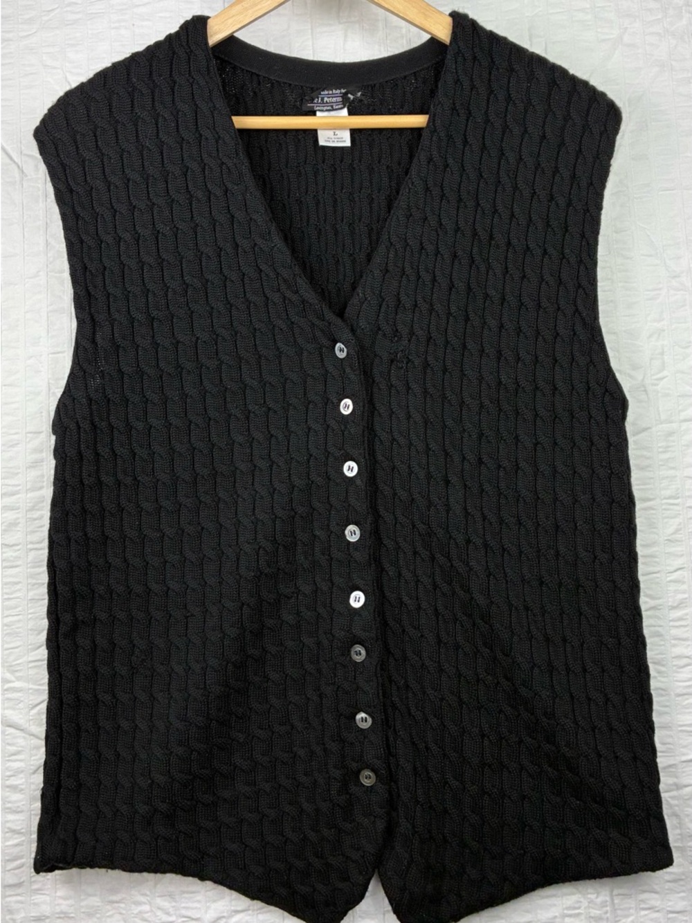 Vintage J Peterman Wool Vest Cable Knit Black Italy Preppy Academia L - Picture 3 of 8